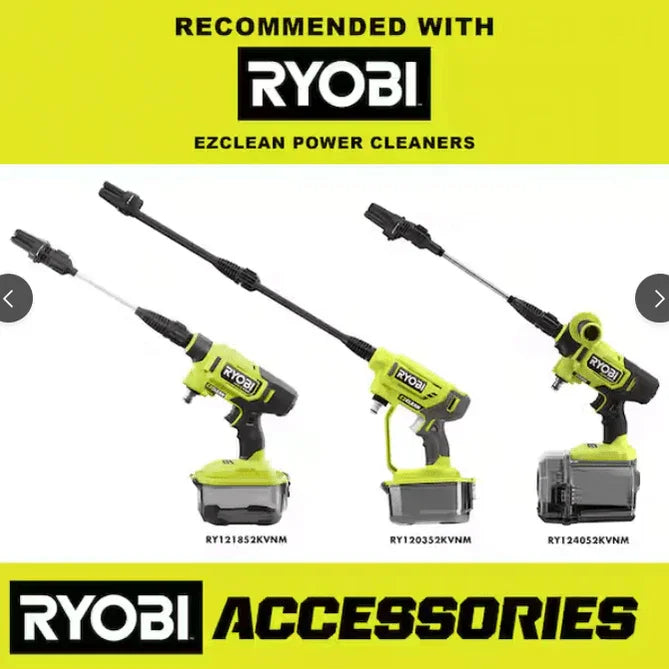 Three Ryobi power cleaning tools with attachments on a white background, featuring the Ryobi brand.