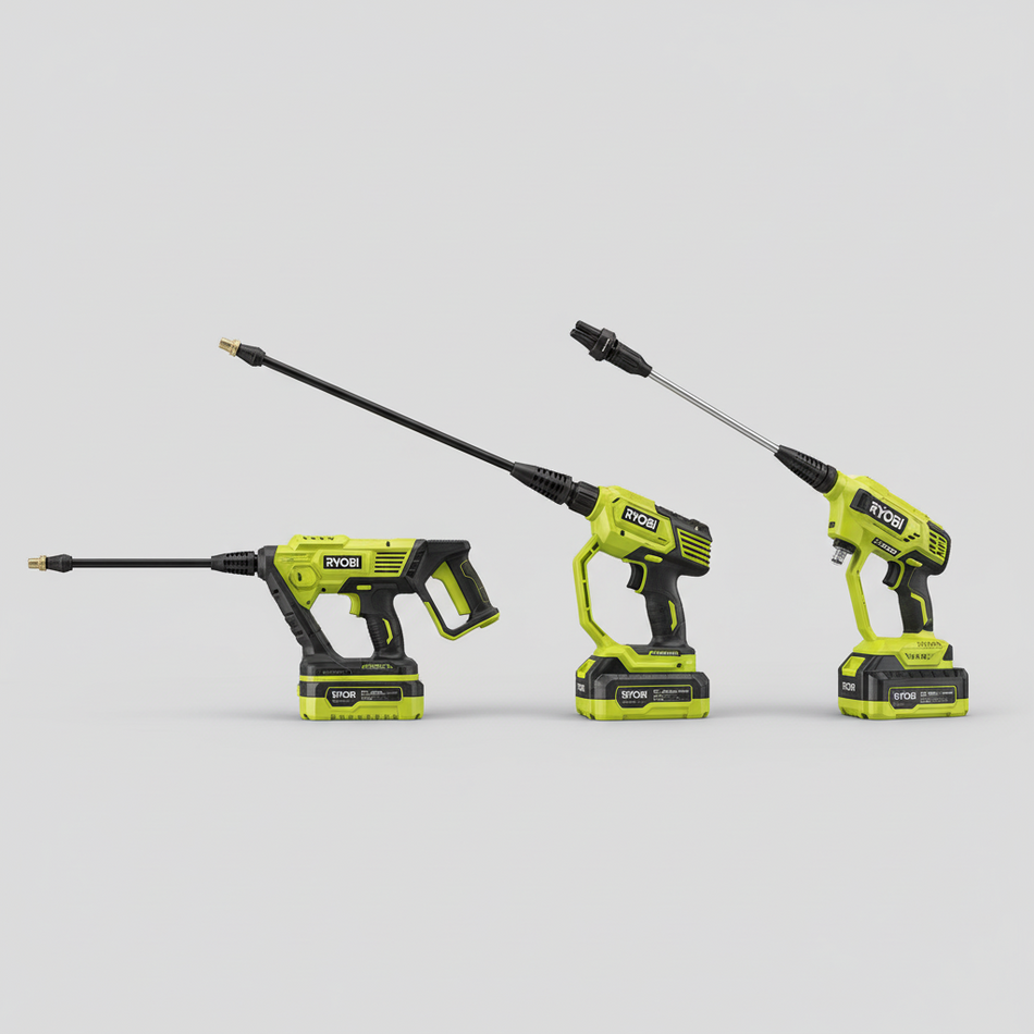 Three Ryobi power cleaning tools with attachments on a white background, featuring the Ryobi brand.