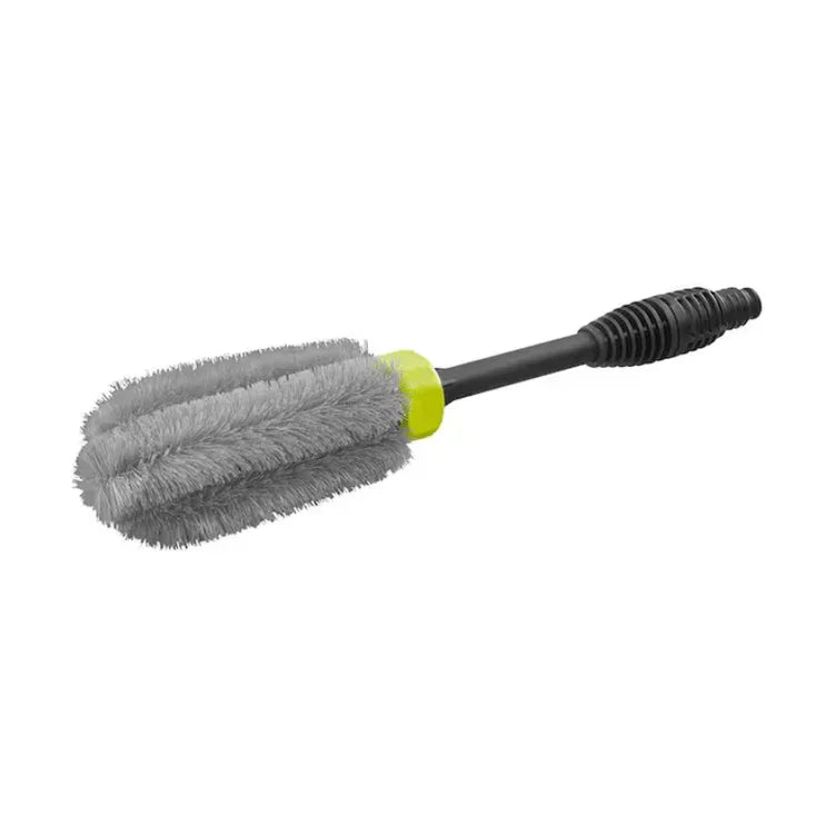 Car cleaning brush with gray bristles and black handle on a white background