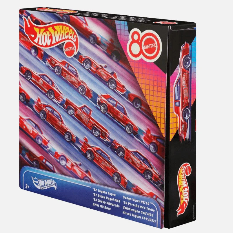 Hot Wheels packaging with multiple red cars on a colorful background