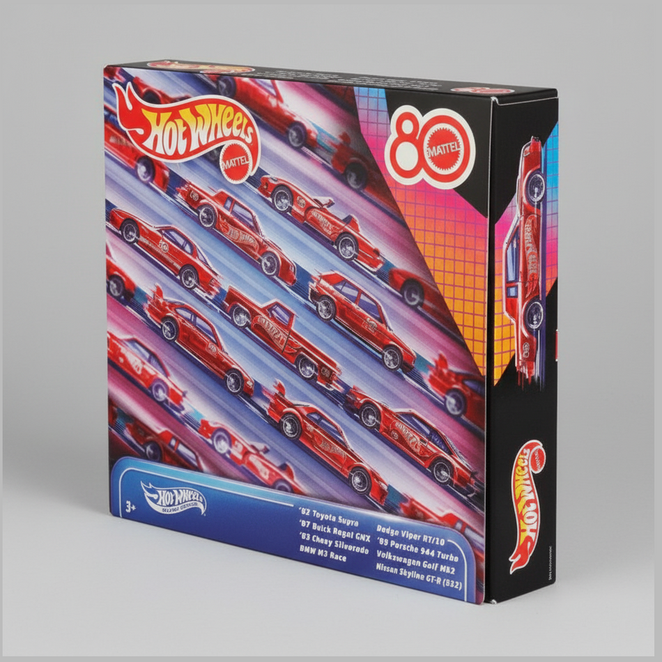 Hot Wheels packaging with multiple red cars on a colorful background