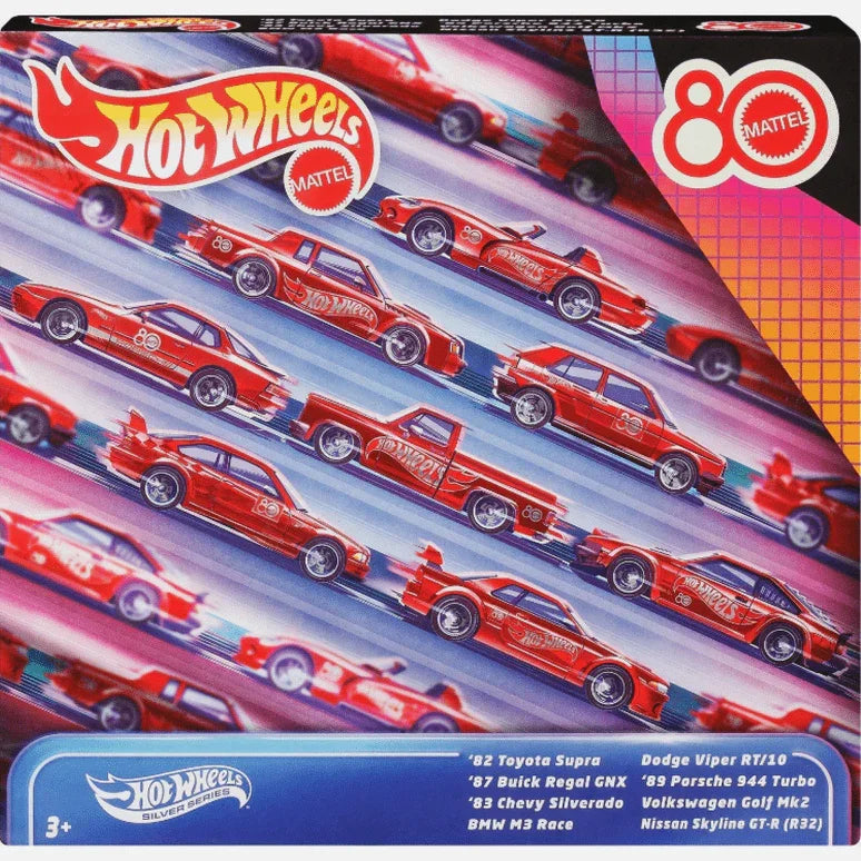 Hot Wheels packaging with red cars and Mattel branding