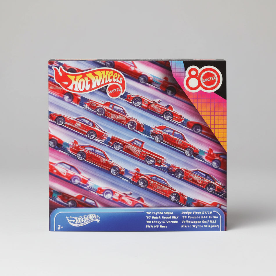 Hot Wheels packaging with red cars and Mattel branding