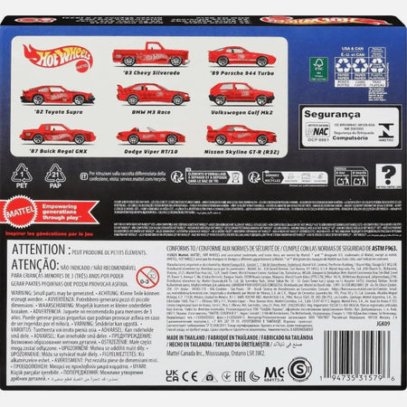 Back view of a Hot Wheels toy car packaging with vehicle illustrations and text.