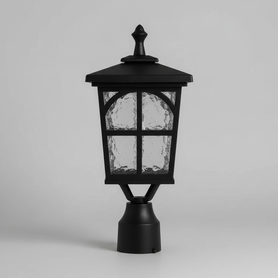 Decorative outdoor lamp with a warm glow on a neutral background