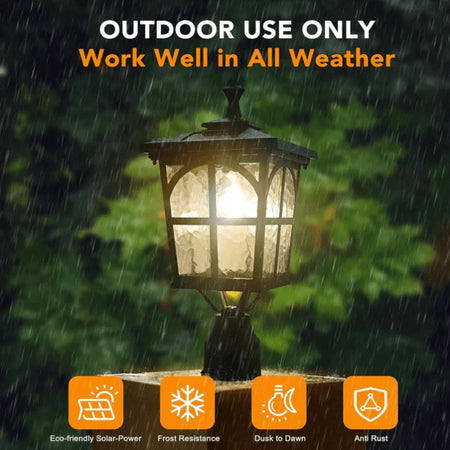 Outdoor lamp with rain effects and text 'Outdoor Use Only, Work Well in All Weather' on a dark background.