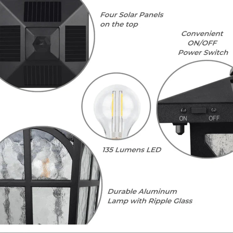 Solar light fixture with features highlighted on a white background
