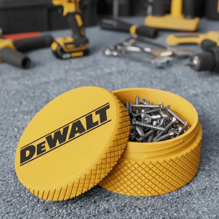 DeWalt tool box with screws on a workbench with tools in the background