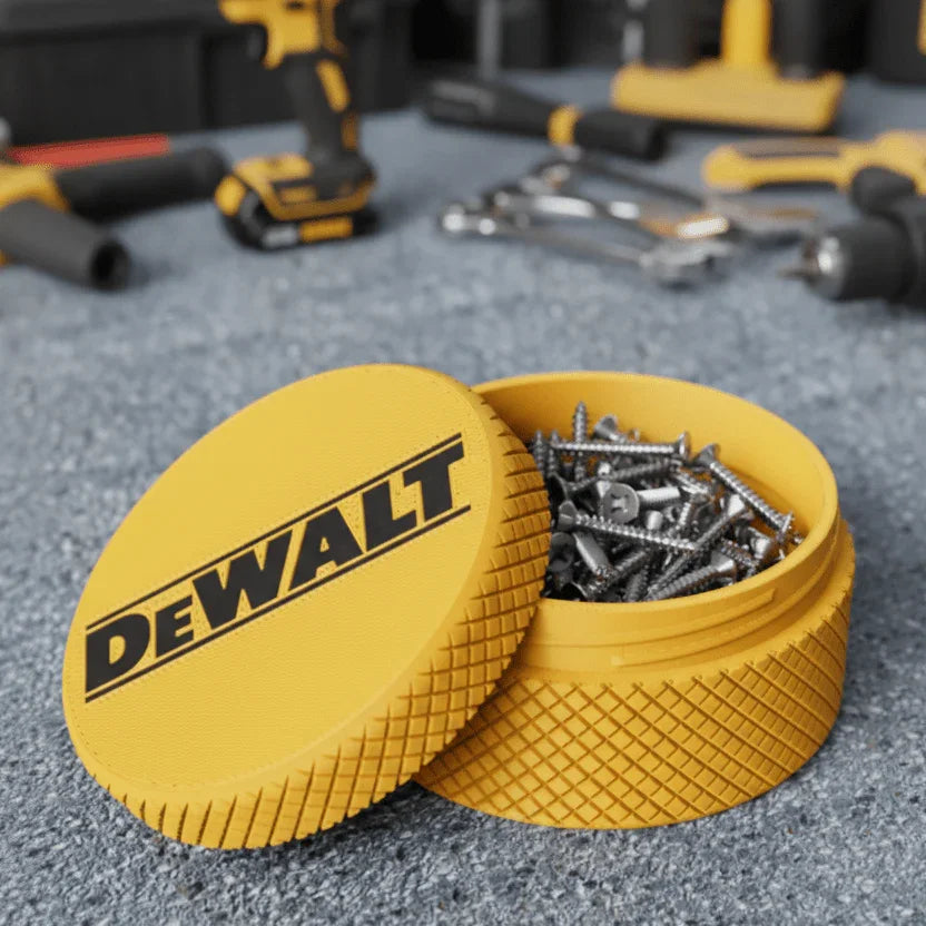 DeWalt tool box with screws on a workbench with tools in the background