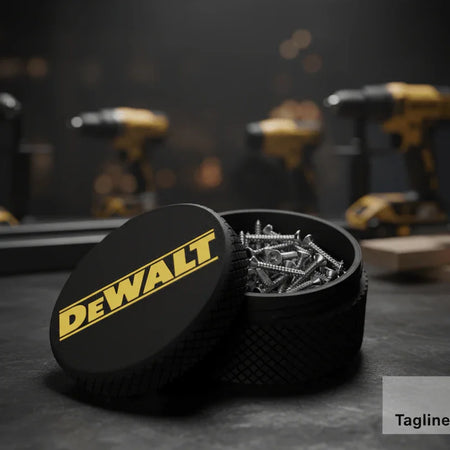 Black container with screws and 'DeWalt' branding on a gray surface