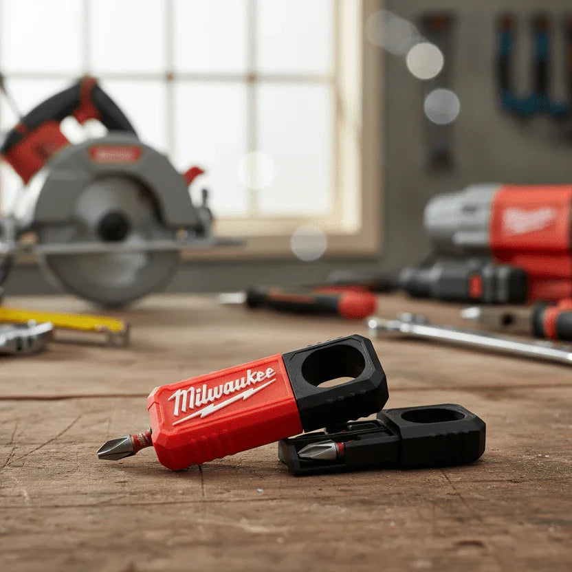 Milwaukee drill bit on a wooden workbench with tools in the background