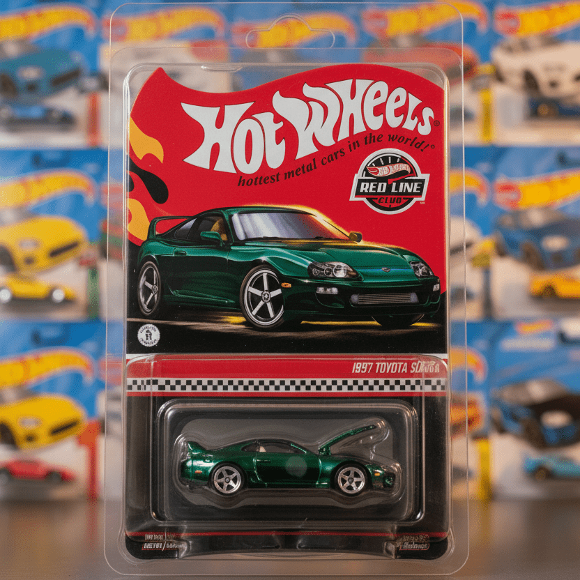 Hot Wheels green car in packaging with a colorful display of other cars in the background