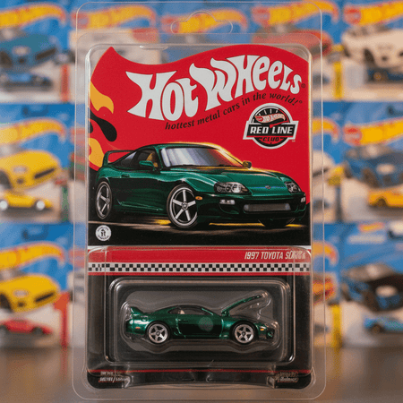 Hot Wheels green car in packaging with a colorful display of other cars in the background