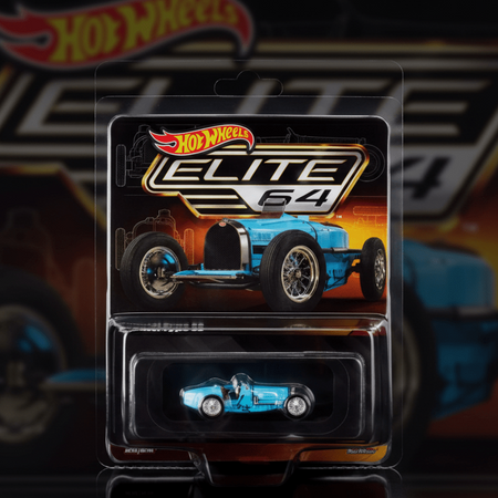 Hot Wheels Elite 64 packaging with a blue car model inside