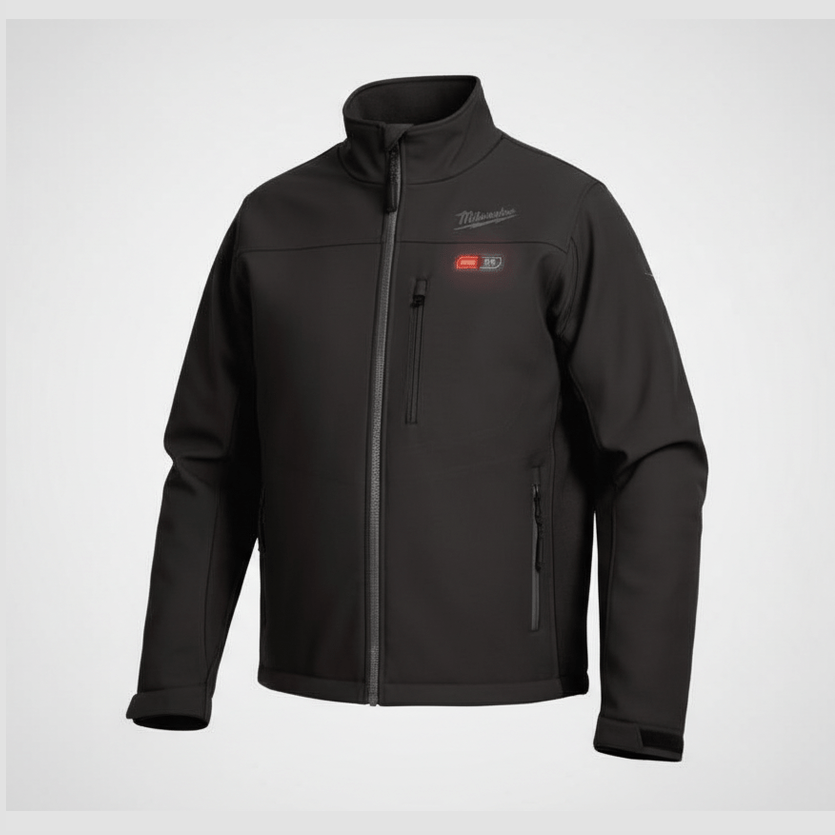 Black jacket with a brand logo on a white background