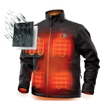 Black heated jacket with visible heating elements on a white background
