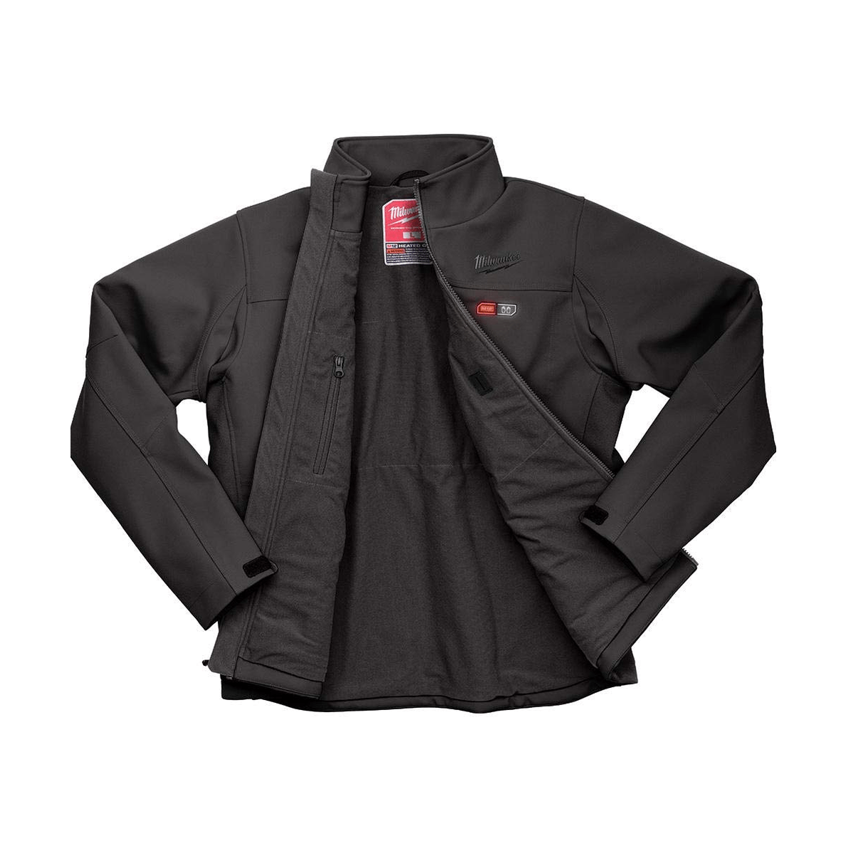 Black jacket with visible branding on a white background