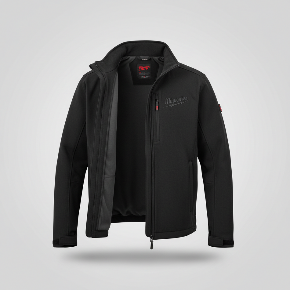 Black jacket with heating labels on a white background