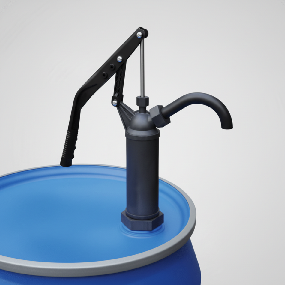Black manual pump on a blue barrel against a gray background
