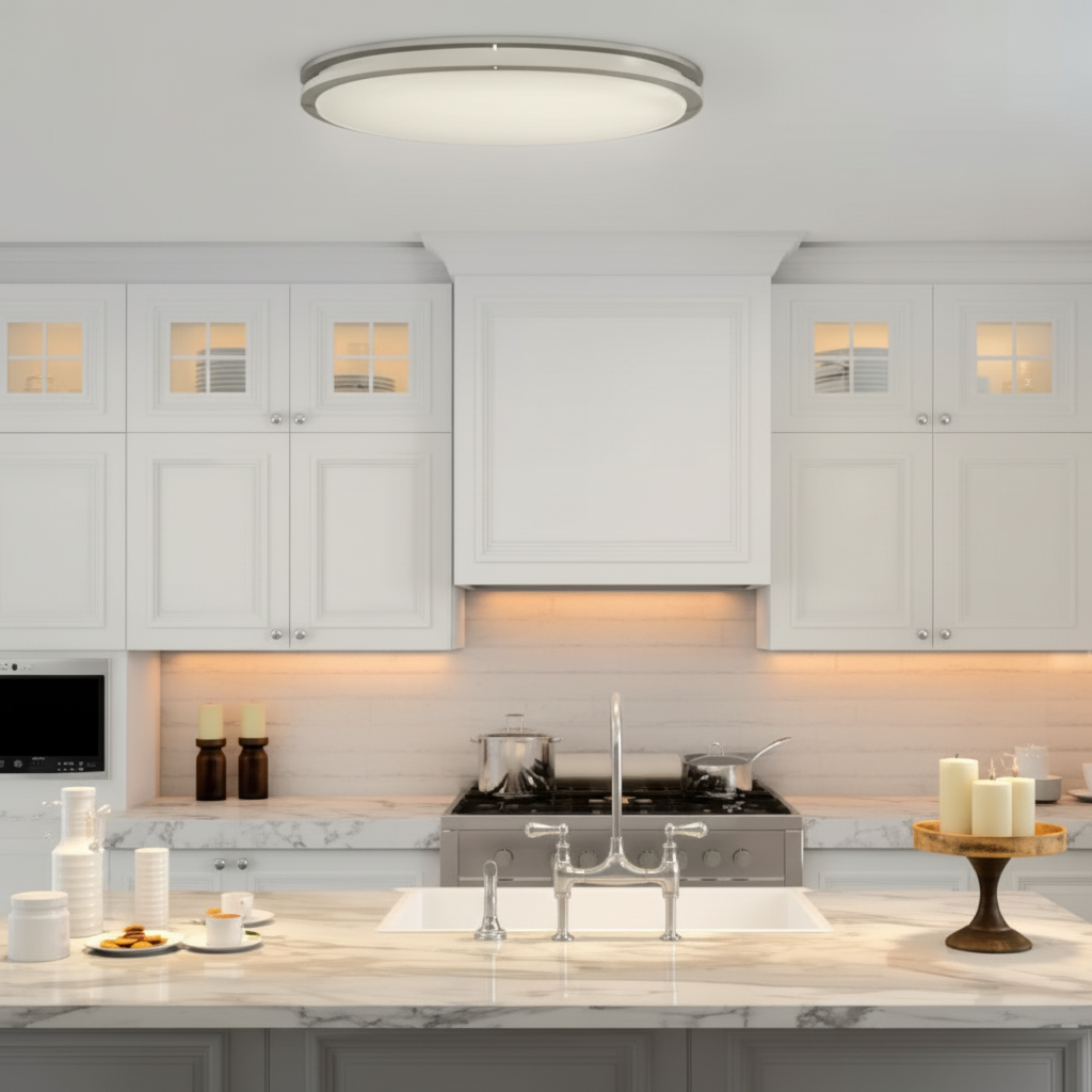 Modern kitchen with white cabinets, marble countertops, and a ceiling light fixture.