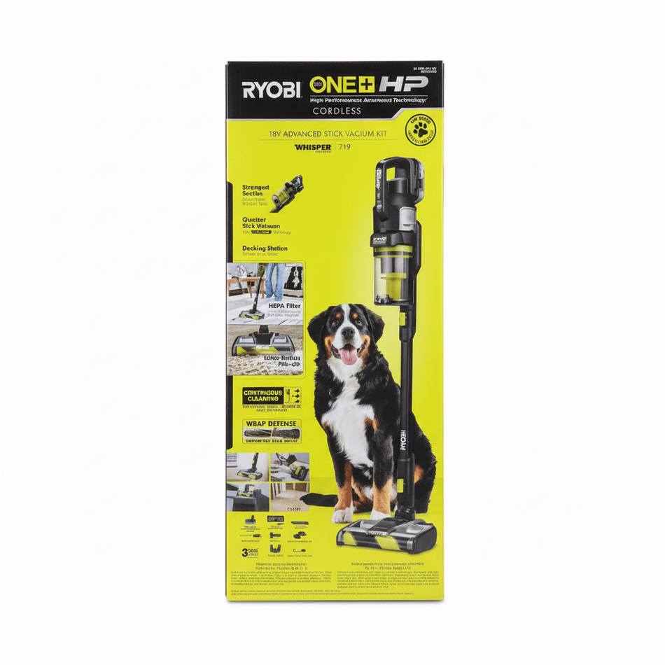 Ryobi One+ HP cordless vacuum cleaner packaging with a dog on a gray background