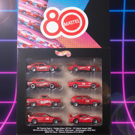 Box of Hot Wheels cars with Mattel logo on a colorful background