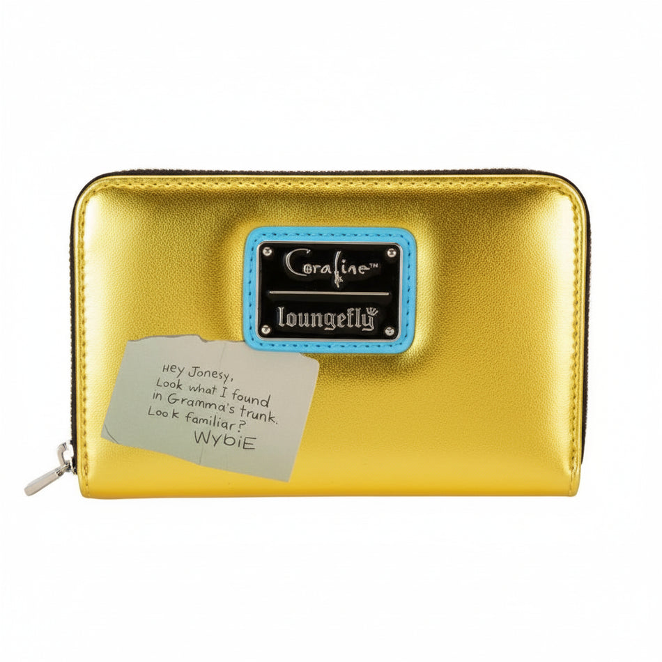 Gold wallet with a label on a white background