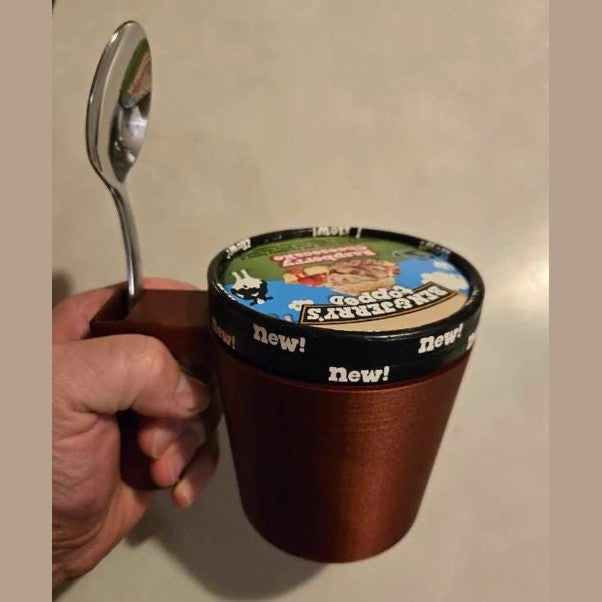 3D Printed Pint Ice Cream Holder with Spoon Slot- No more freezing hands!.