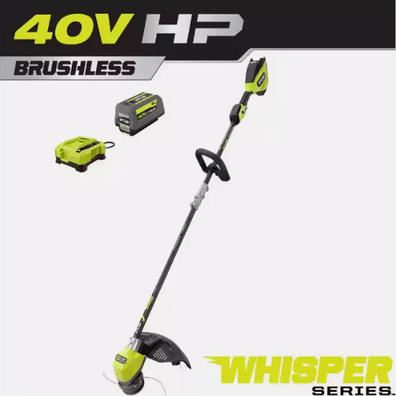 Ryobi RY402011 17" 40V Whisper Series Carbon Fiber Shaft String Trimmer OB With 6ah Battery & Charger LOT 4032.