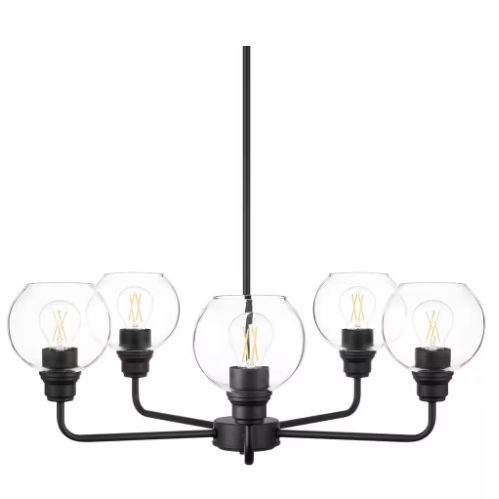 Hampton Bay Florabelle 5-Light Chandelier Matte Black Clear Globes NEW LOT 3876.