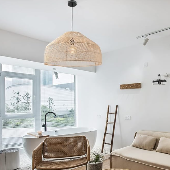 Bamboo Pendant Light Fixture 1 Light Basket Rattan Hanging Light, Boho Style Woven Pendant Lamp.