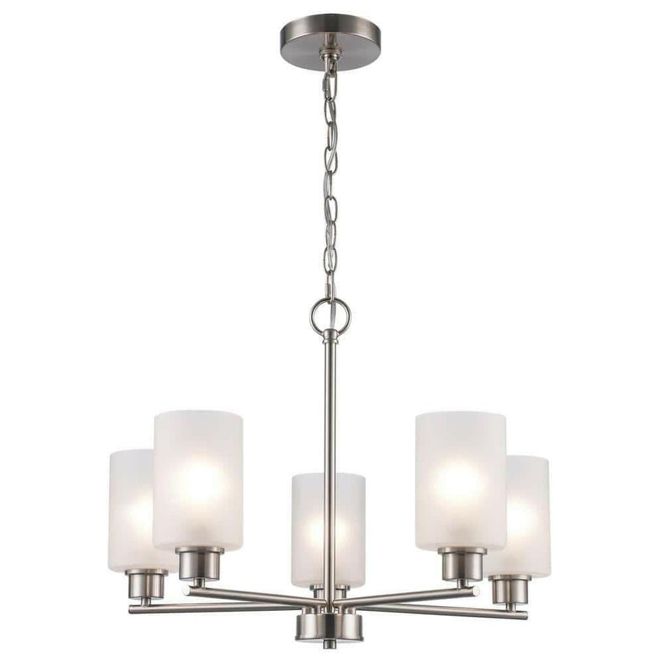 HAMPTON BAY Cawthon 5-Light Brushed Nickel Chandelier Light Fixture with Frosted Glass Shades NEW LOT 3755.