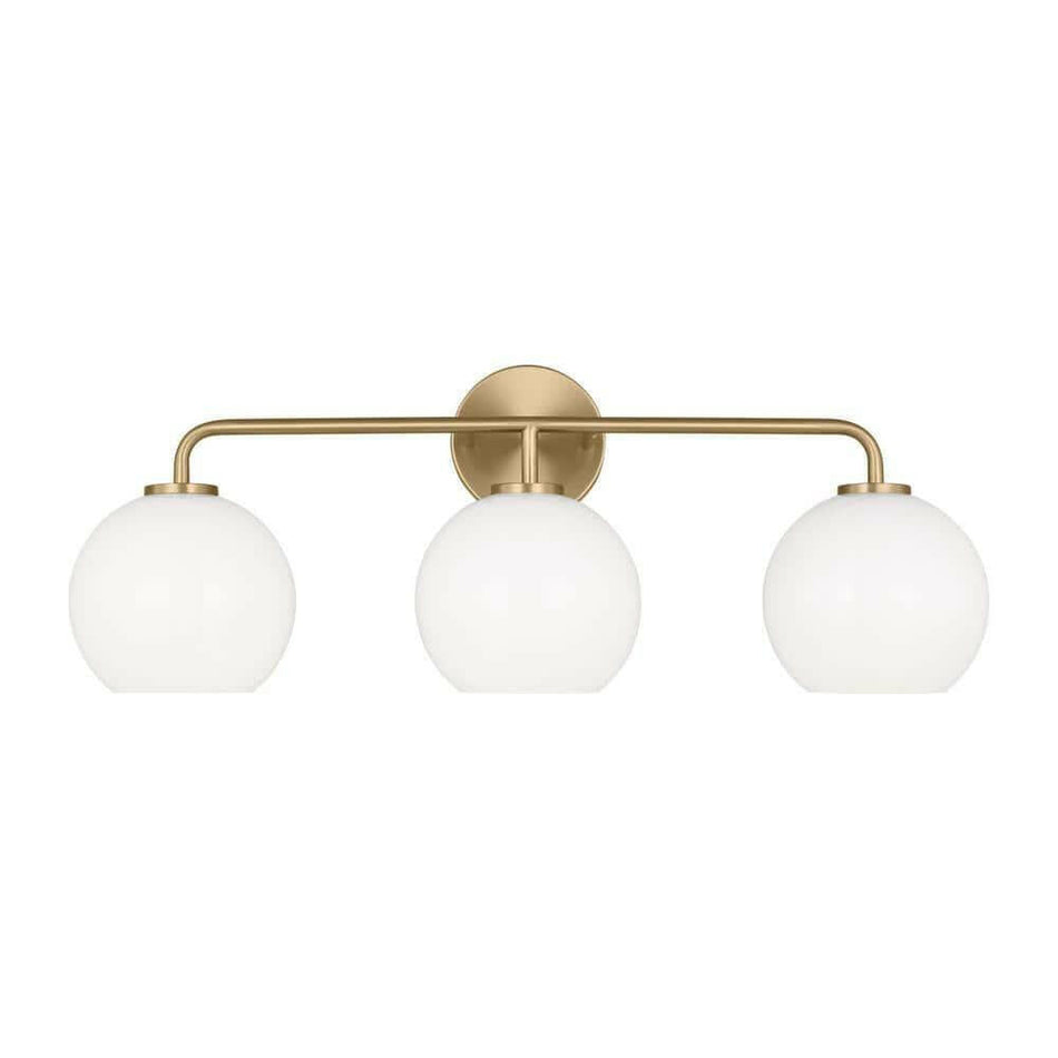 Orley 26.5 in. 3-Light Satin Brass Vanity Light with Milk Glass Shades NEW LOT 2197.