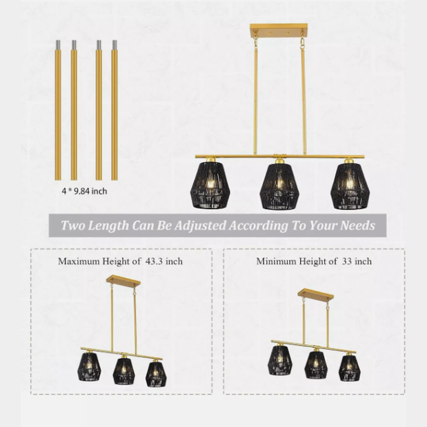 NEW Farmhouse Boho Pendant Light for Dining Room 3-Light Rattan Kitchen Island Light LOT 4309.