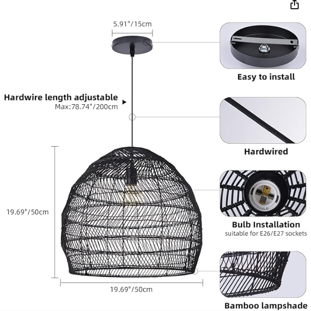 Littleglovo Rattan Pendant Light Shade Rattan Woven Basket Hanging Lamp Round Pendant NEW LOT 3925.