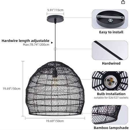 Littleglovo Rattan Pendant Light Shade Rattan Woven Basket Hanging Lamp Round Pendant NEW LOT 3925.