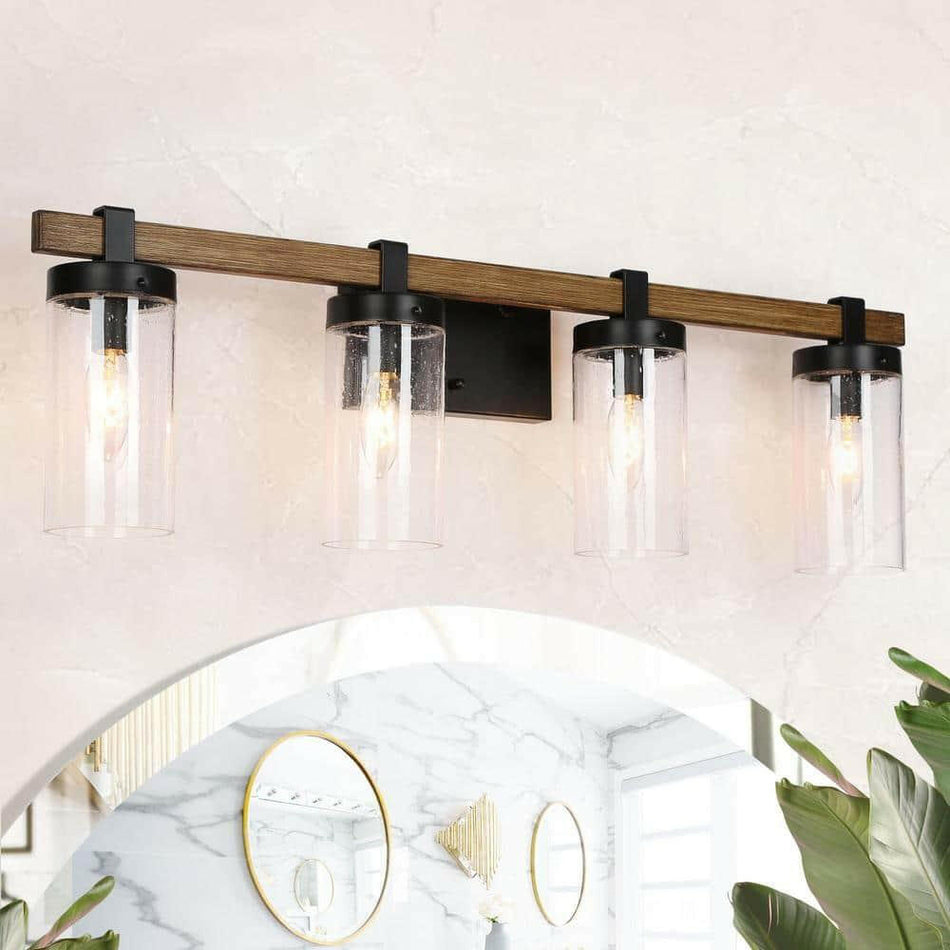 Industrial 29 in. 4-Light Black Vanity Light Shades Faux Pine Wood Accents NEW LOT 2231.