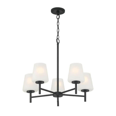 5-Light Matte Black Chandelier with Etched Glass Shades NEW LOT 2002.