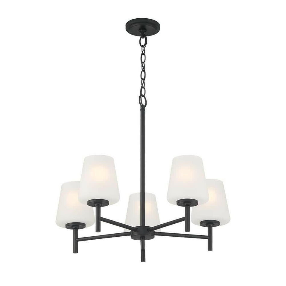 5-Light Matte Black Chandelier with Etched Glass Shades NEW LOT 2002.