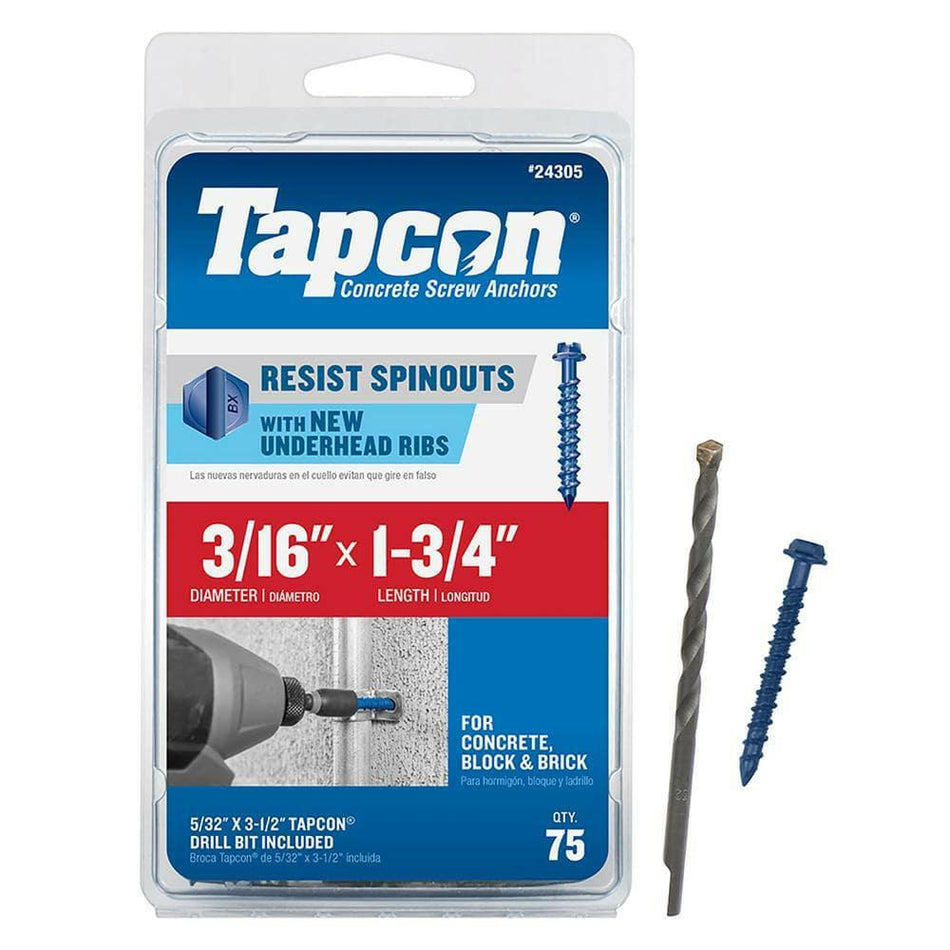 NEW ITW Tapcon 24305 Screw Masonry Hex .18 x 1.75- Pack OF 75 LOT 4373.