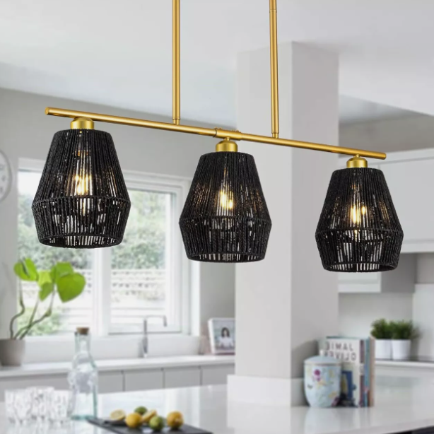 NEW Farmhouse Boho Pendant Light for Dining Room 3-Light Rattan Kitchen Island Light LOT 4309.