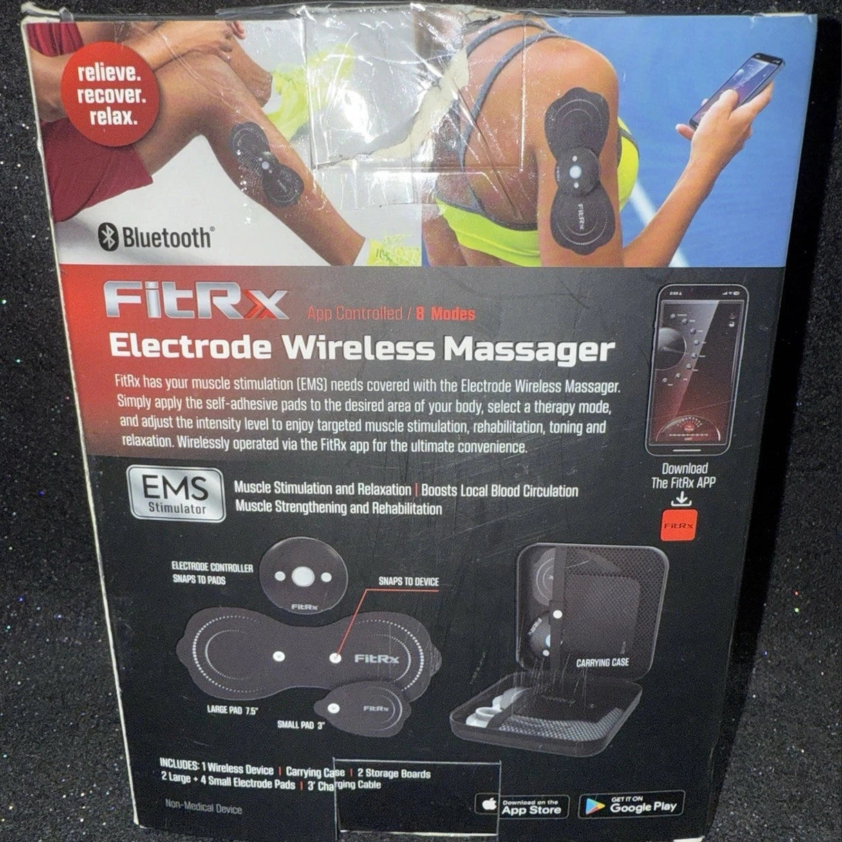 NEW FitRx Electrode Wireless Massager Rechargeable, Muscle & Joint Pain Relief NIB.