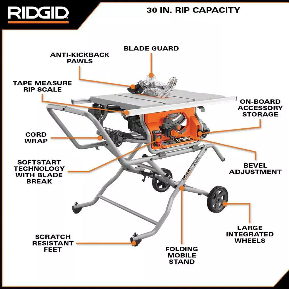 PICK UP ONLY RIDGID 15 Amp 10 in. Portable Corded Pro Jobsite Table Saw with Stand USED.
