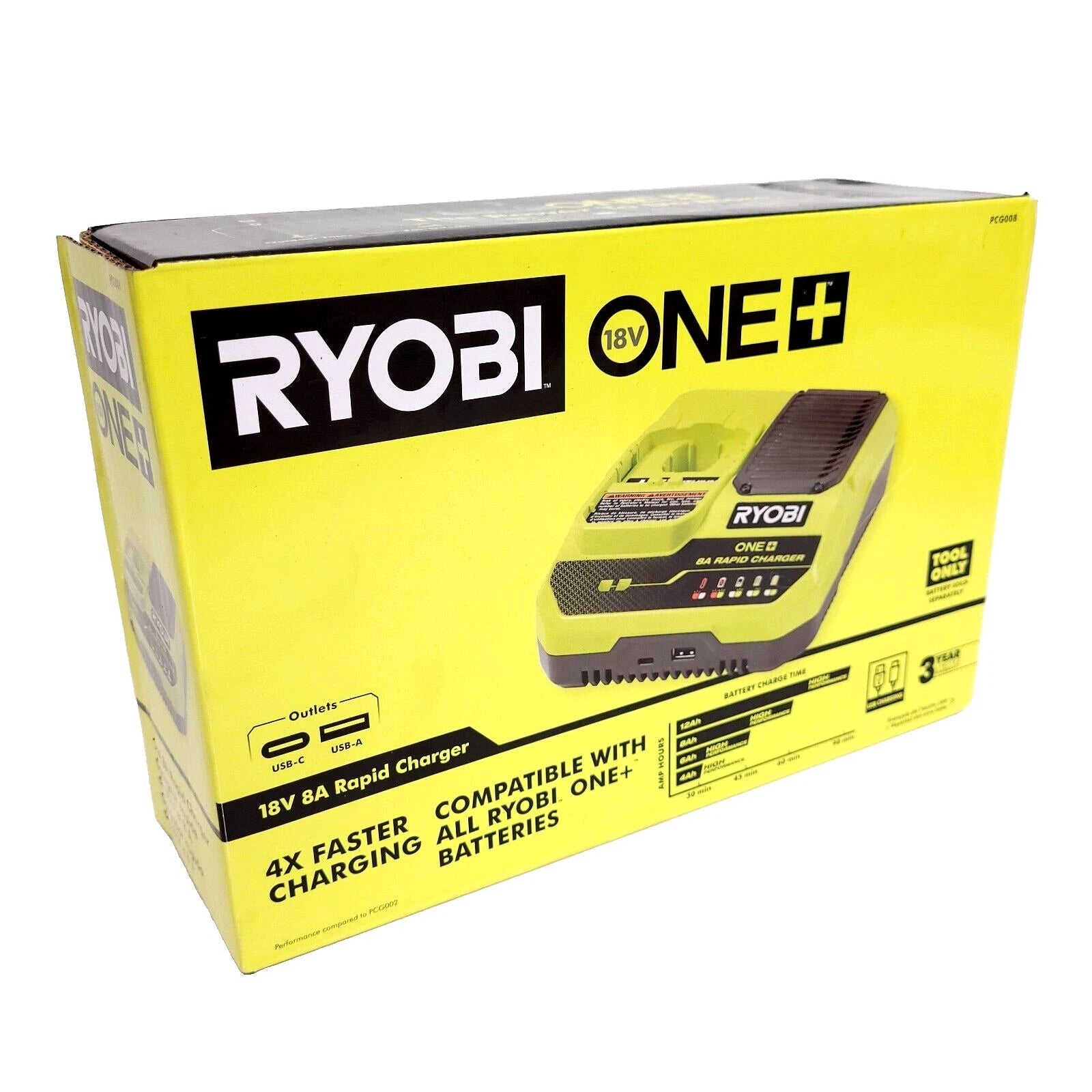 Ryobi One+ 18V Rapid Charger PCG008 Tool Only, with USB-C and USB-A Outlets NEW.