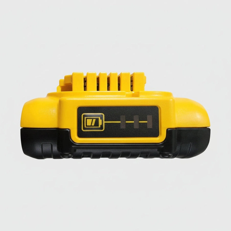 Yellow and black battery pack on a wooden surface