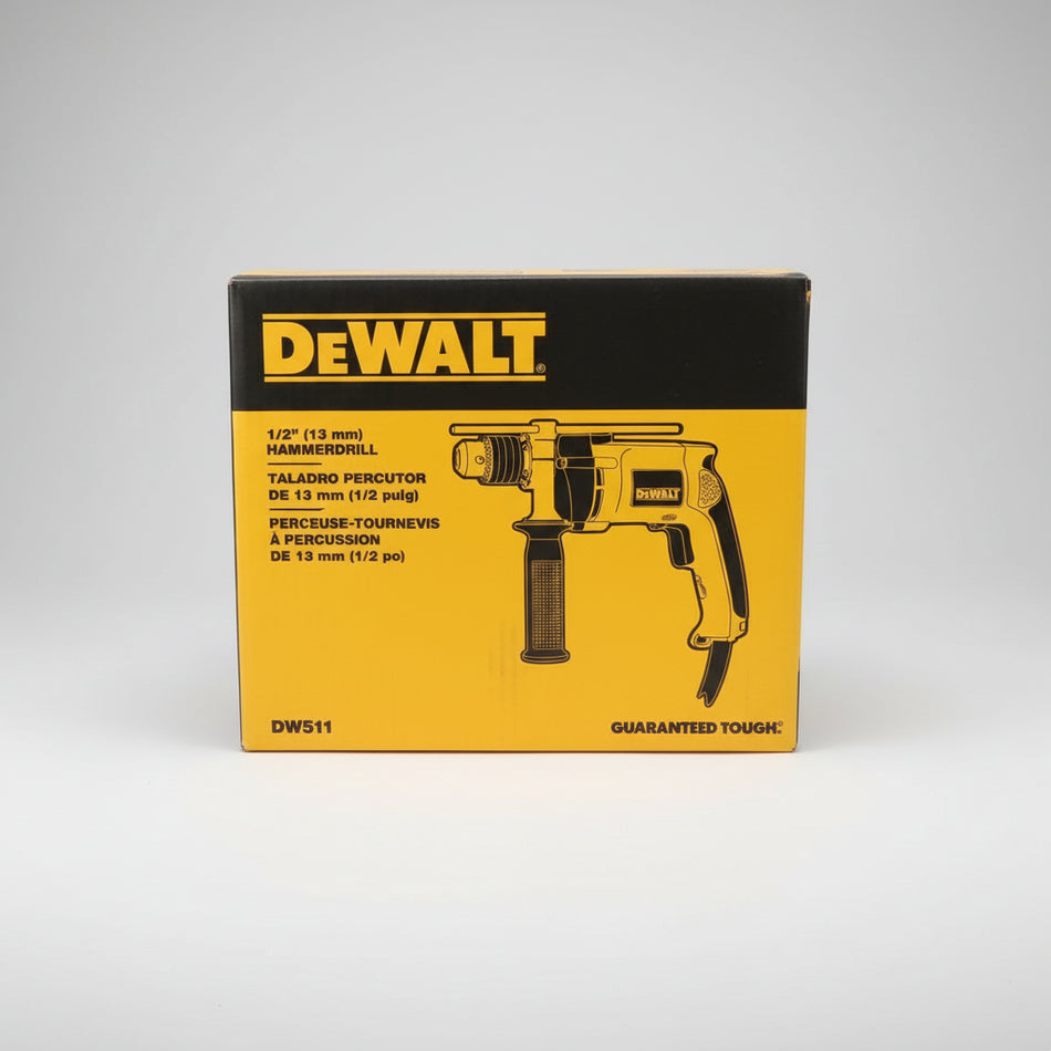 DeWalt hammer drill box with yellow and black design on a white background