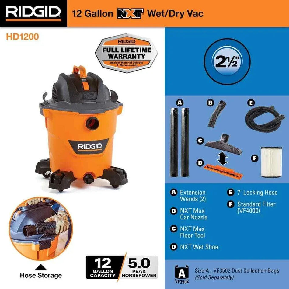 RIDGID 12 Gallon 5.0 Peak HP NXT Wet Dry Vac w/ Debris Filter & Locking Hose NEW.