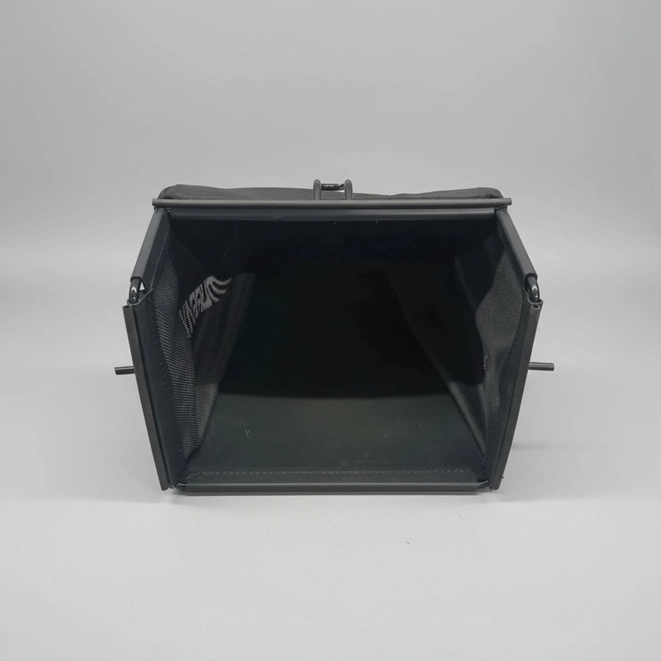 Black metal bucket on a gray background