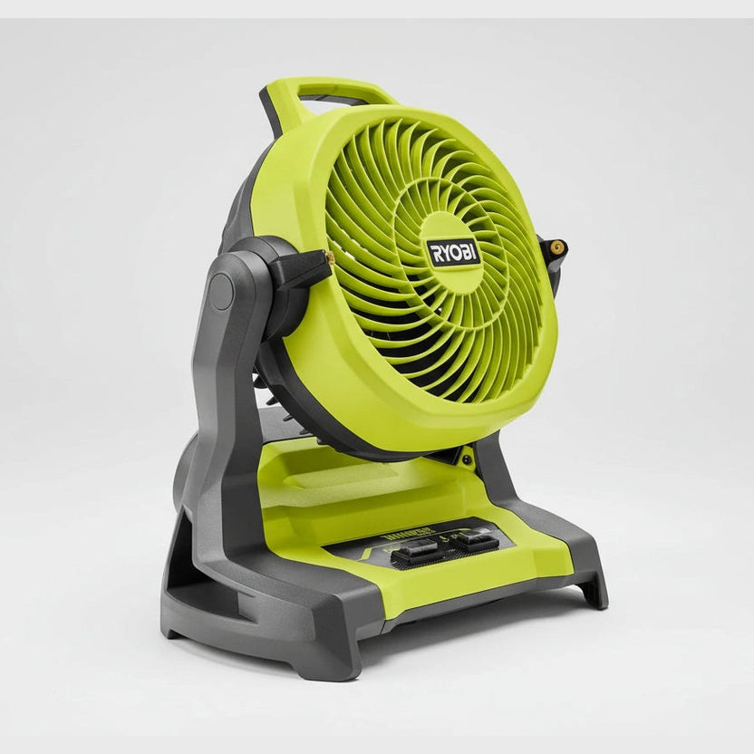 Green and gray Ryobi fan on a white background