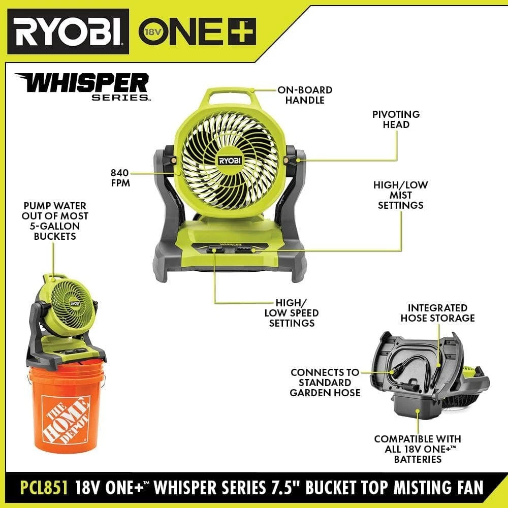 USED Ryobi PCL851K 7-1/2"in Bucket Top Misting Quiet Fan